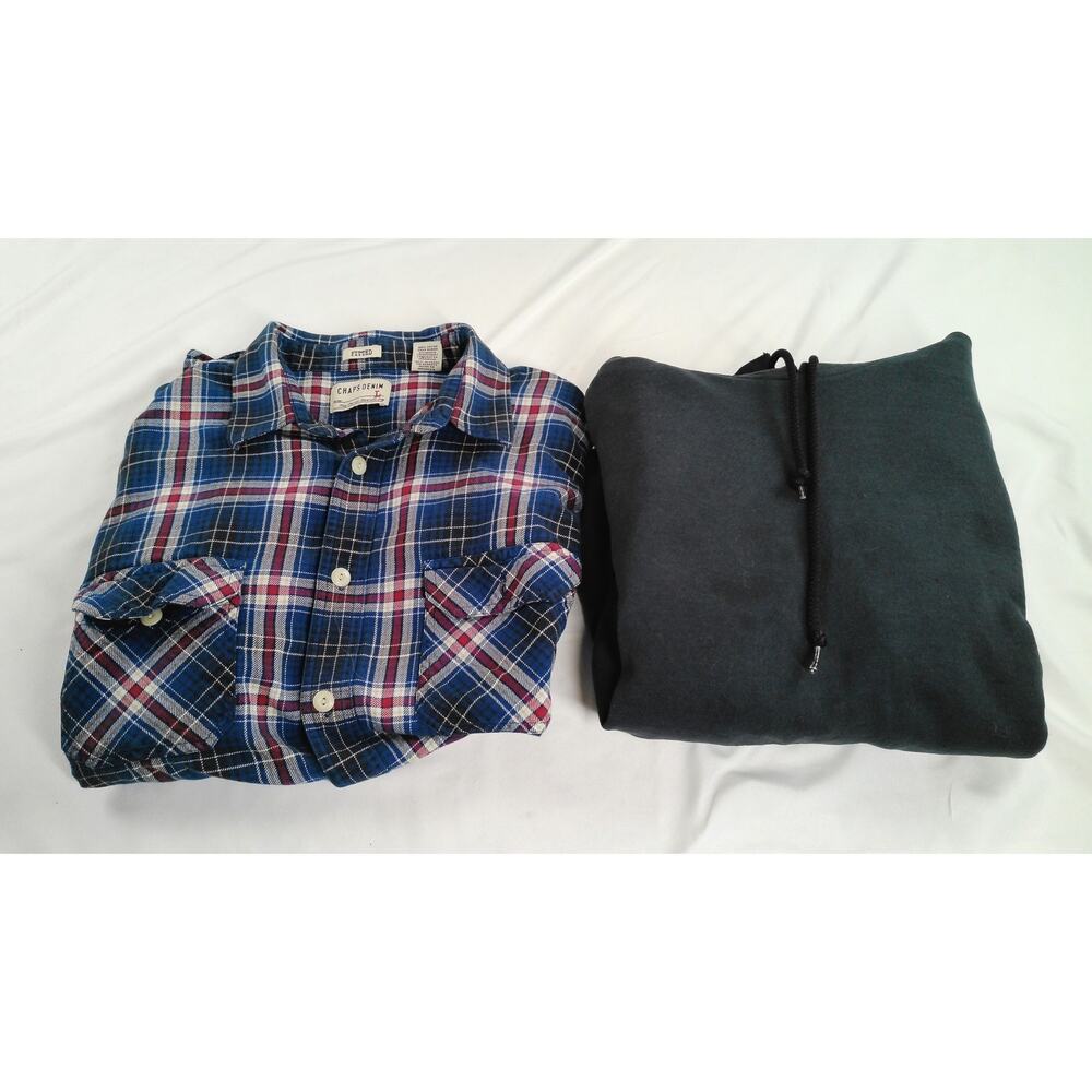 Men’s Large Chaps Denim Plaid Button Down Shirt & Black Sweatshirt Bundle Lot